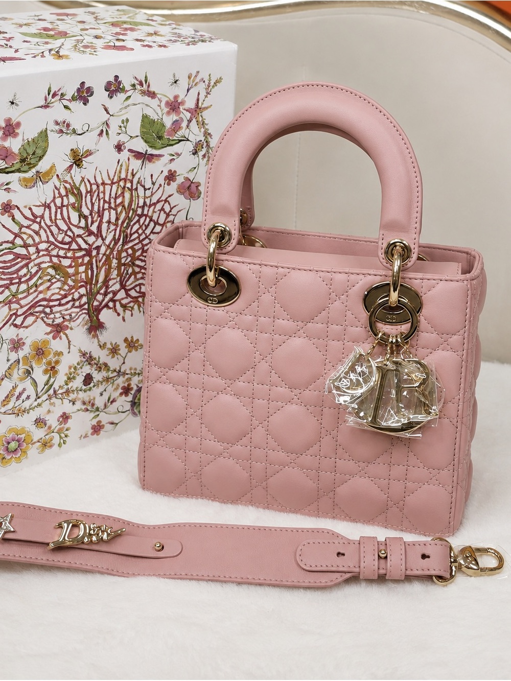 Dior Pink Quilted Lady Top-Handle small Bag with Gold Hardware